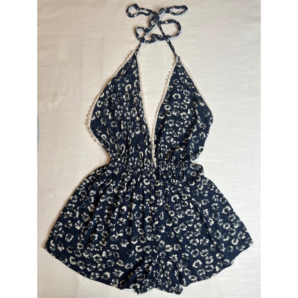 Coveted Clothing Navy Blue Floral Halter Romper Lace Trim Boho Style P12059 Med